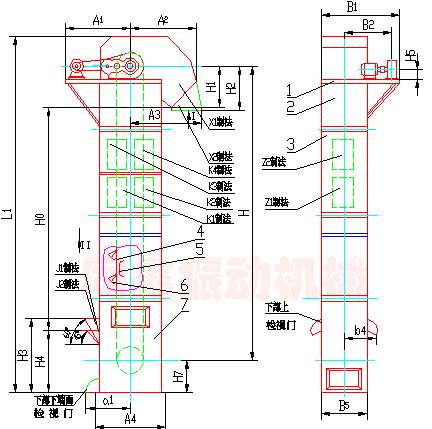 HL系列環(huán)鏈離心式斗式提升機(jī)外形圖-同鑫振動(dòng)機(jī)械
